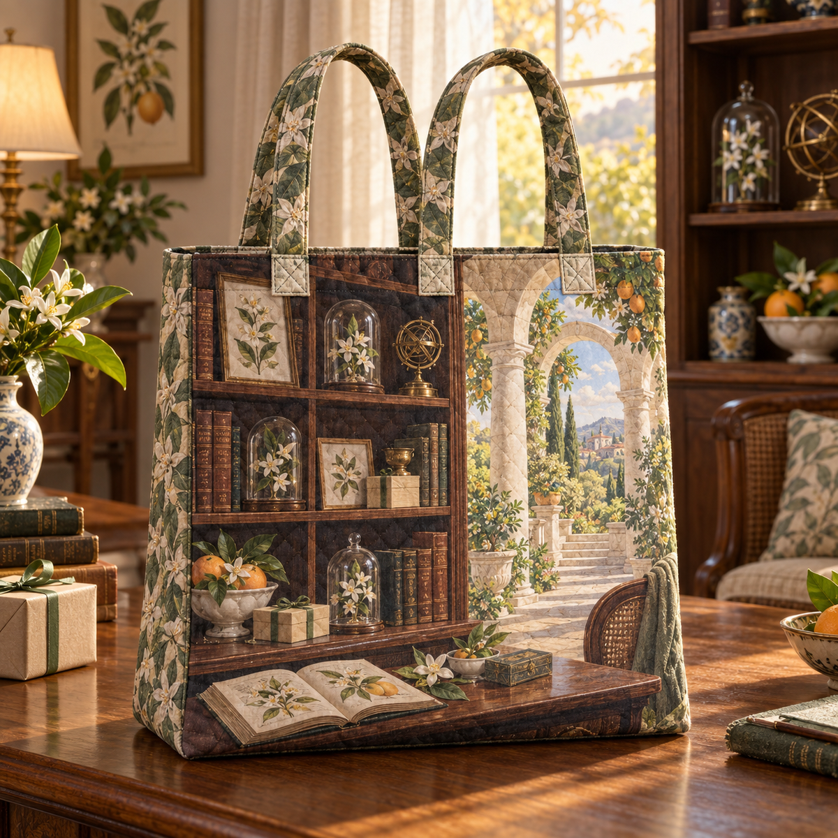 Citrus Blossom Birthday Keepsake Quilted Tote Bag with flat printed citrus-blossom birthday collector cabinet