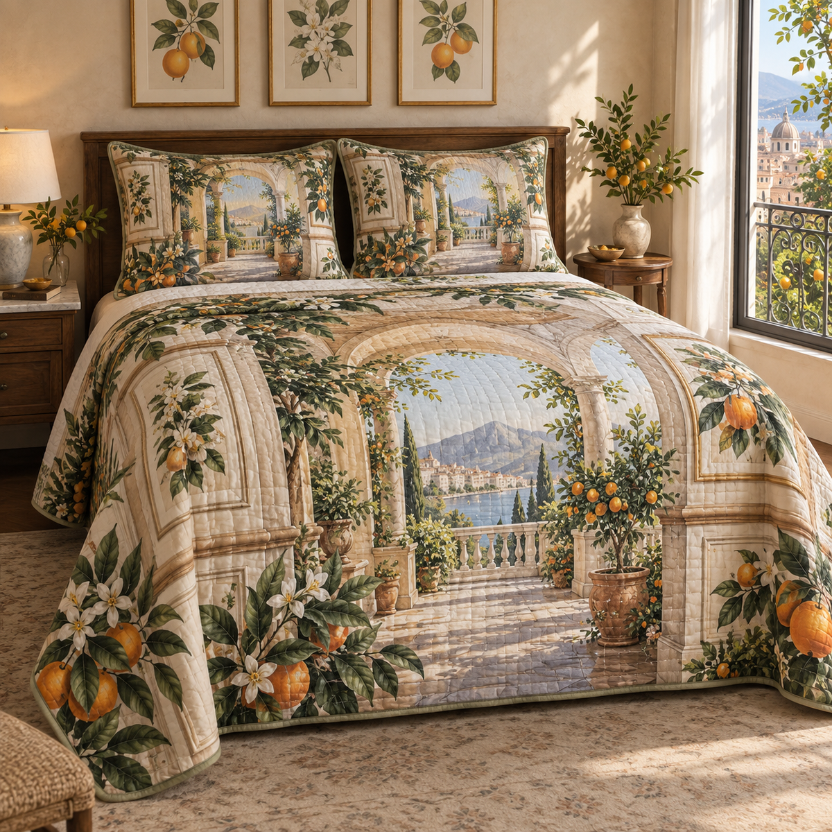 Citrus Blossom Gallery Wall Quilted Bedding Set with flat printed citrus-blossom apartment gallery and balcony depth