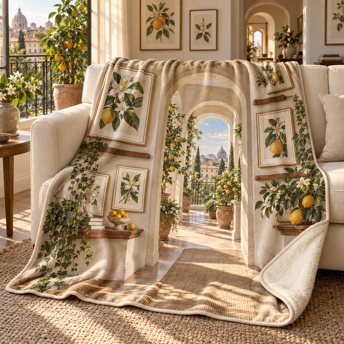 Citrus Blossom Gallery Wall Sherpa & Fleece Blanket with flat printed citrus-blossom apartment gallery and balcony depth