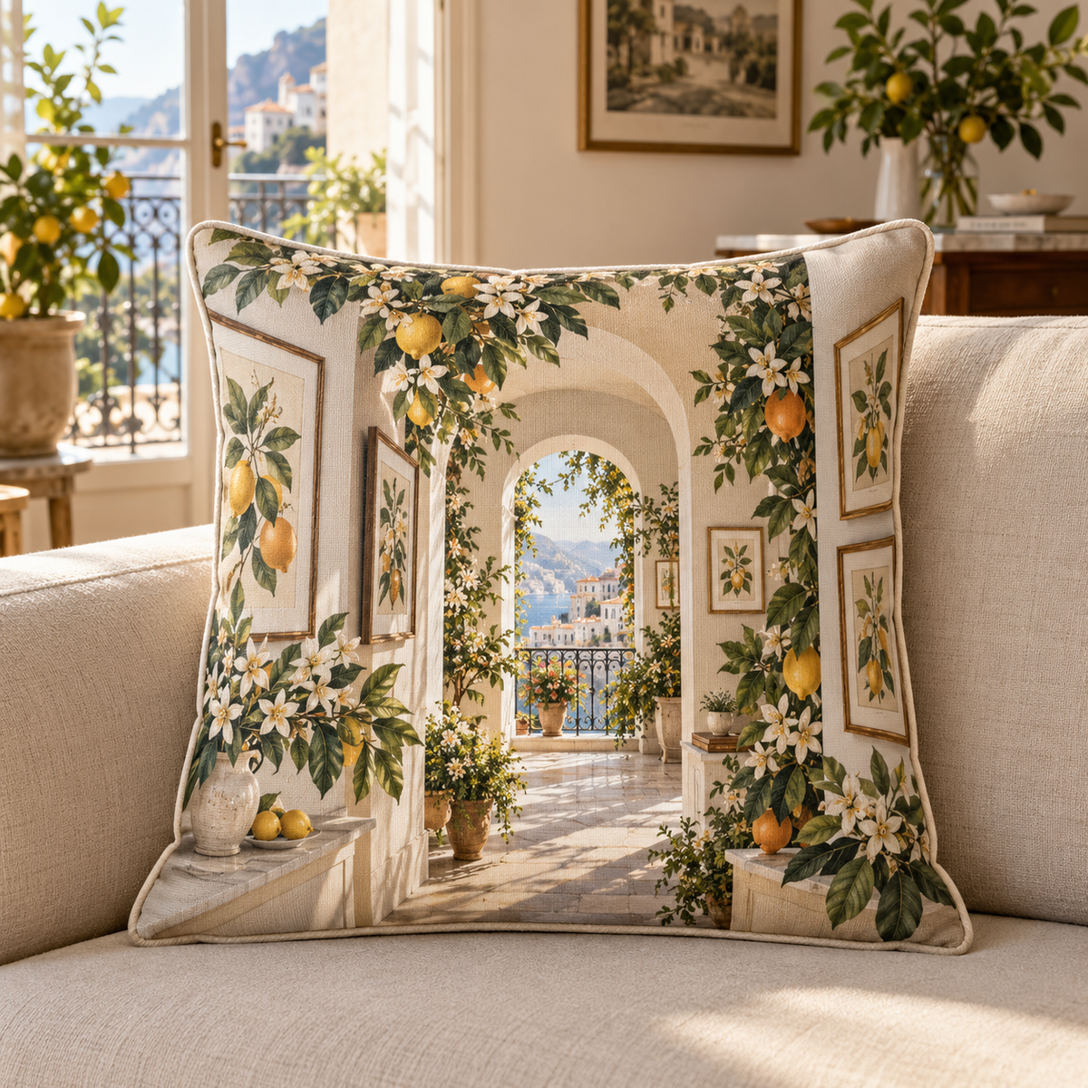 Citrus Blossom Gallery Wall Quilted Cushion Cover with flat printed citrus-blossom apartment gallery and balcony depth