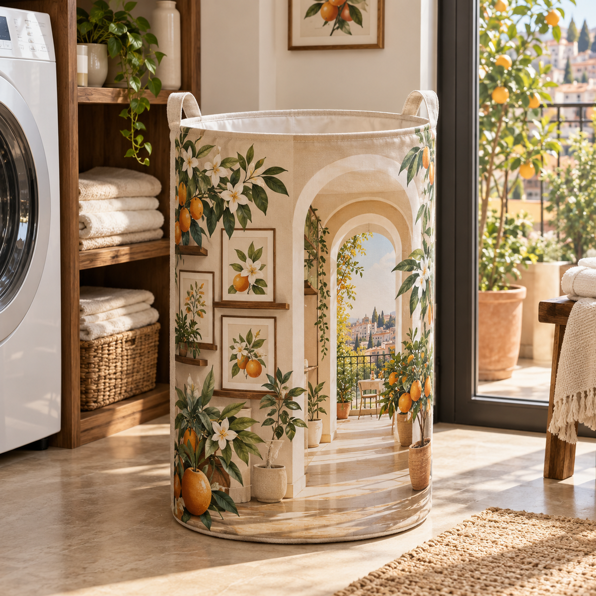 Citrus Blossom Gallery Wall Laundry Hamper with flat printed citrus-blossom apartment gallery and balcony depth