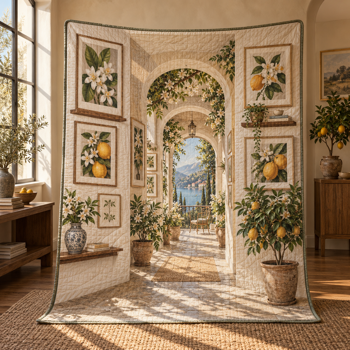Citrus Blossom Gallery Wall Quilt Blanket with flat printed citrus-blossom apartment gallery and balcony depth
