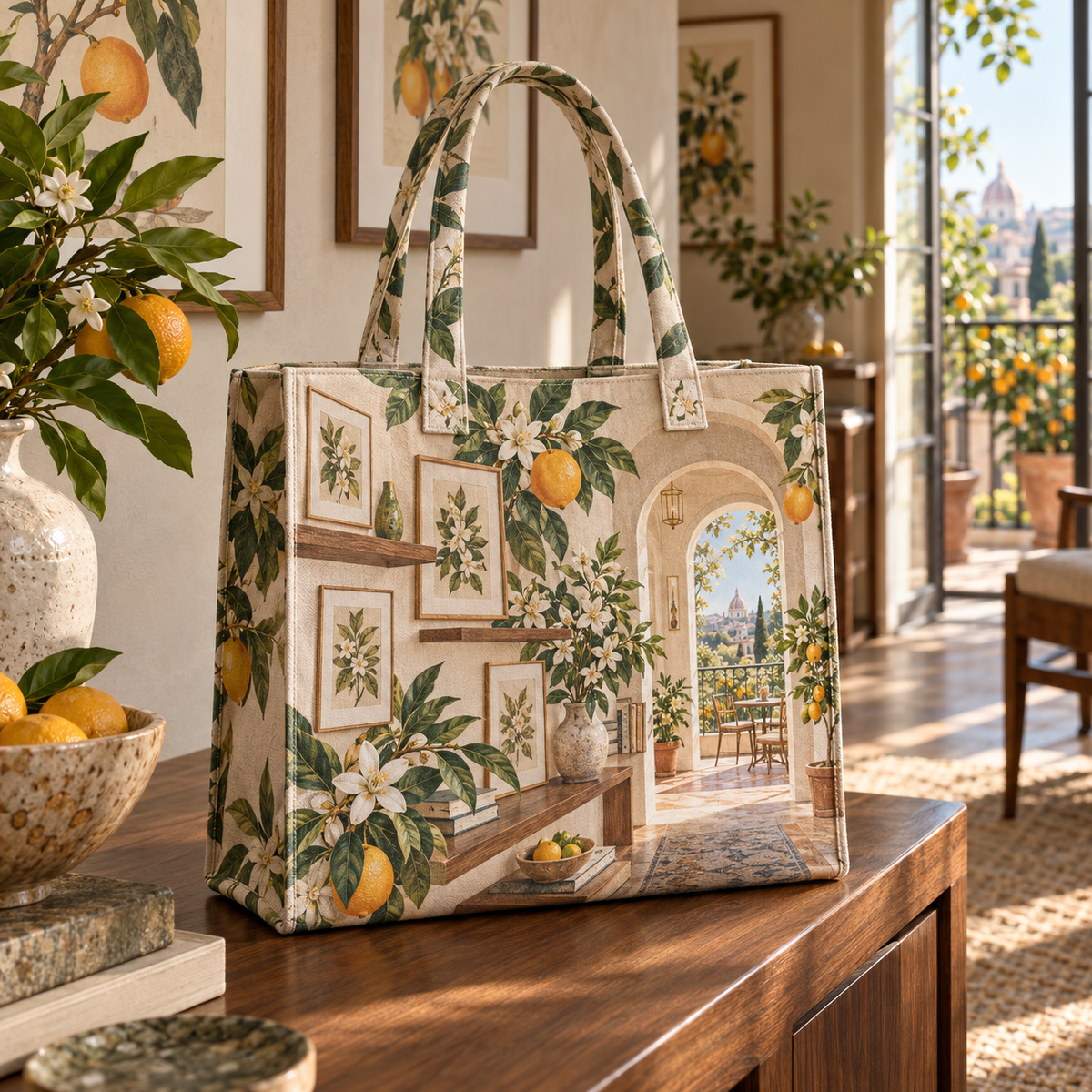 Citrus Blossom Gallery Wall Quilted Tote Bag with flat printed citrus-blossom apartment gallery and balcony depth