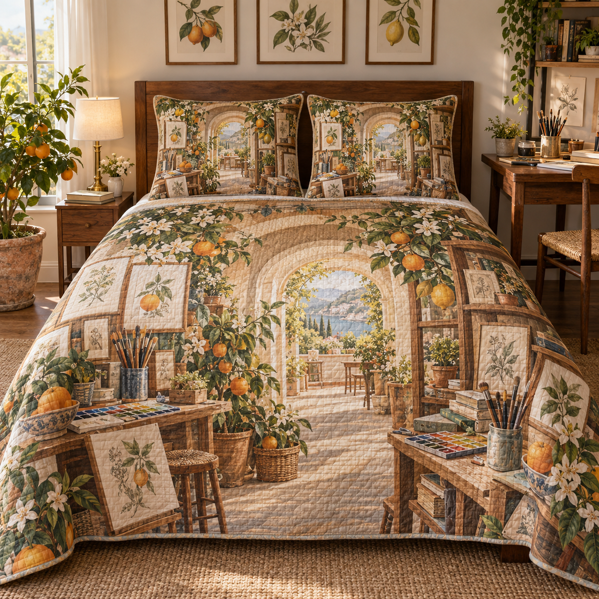 Citrus Blossom Hobby Studio Quilted Bedding Set with flat printed citrus-blossom hobby studio and creative terrace depth