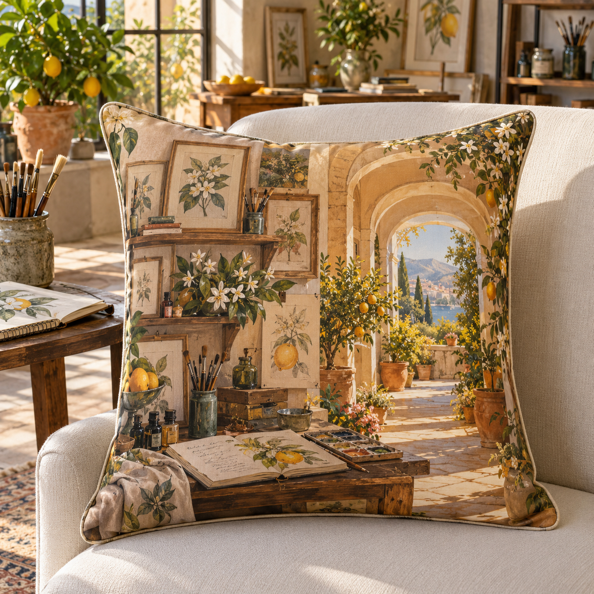 Citrus Blossom Hobby Studio Quilted Cushion Cover with flat printed citrus-blossom hobby studio and creative terrace depth