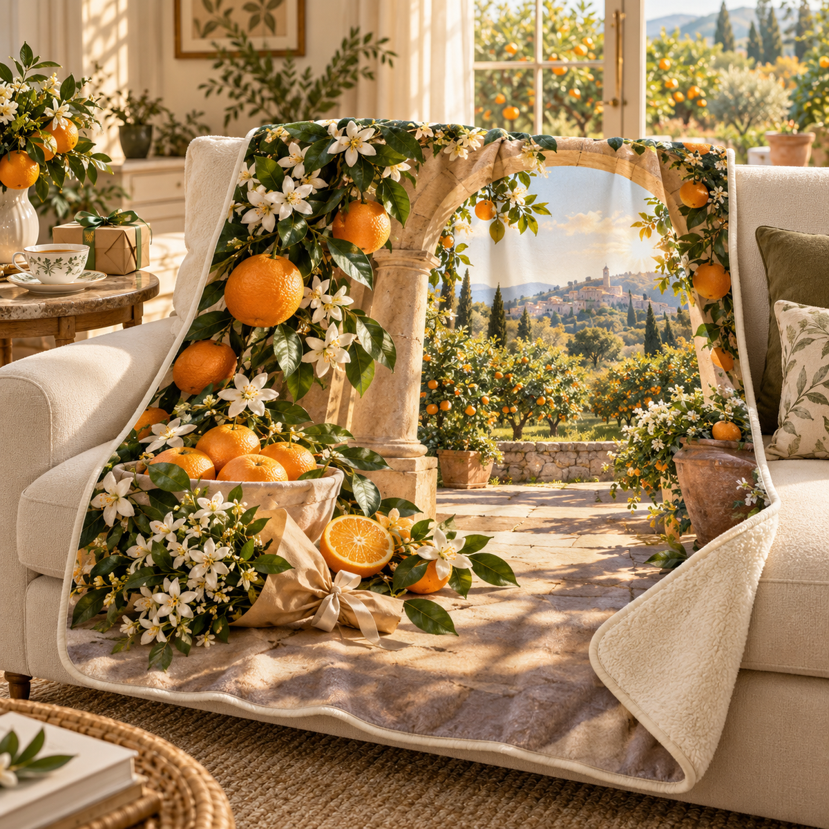 Citrus Blossom Host Thank You Sherpa & Fleece Blanket with flat printed citrus-blossom host thank-you garden depth