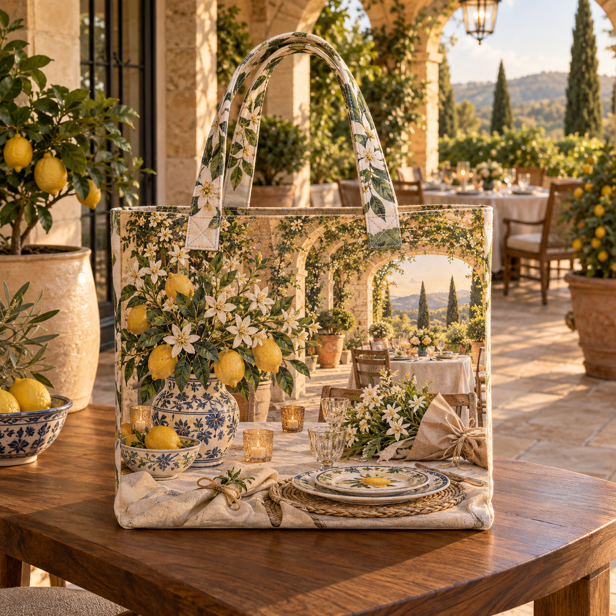 Citrus Blossom Host Thank You Quilted Tote Bag with flat printed citrus-blossom host thank-you garden depth