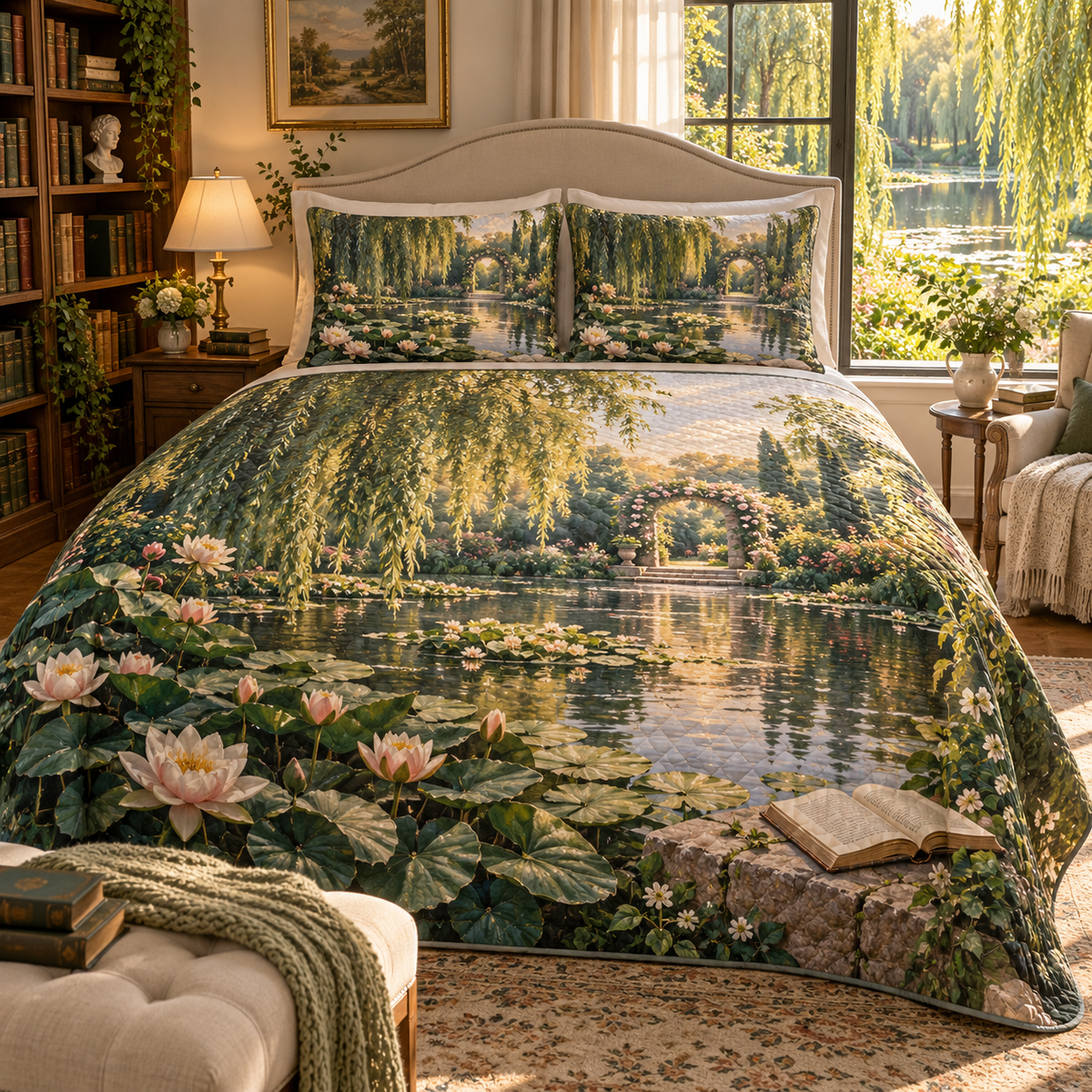 Water Lily Pond Reading Nook Quilted Bedding Set with flat printed water-lily pond reading nook depth