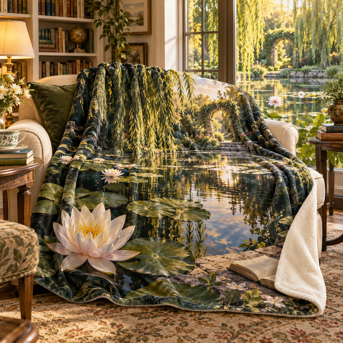 Water Lily Pond Reading Nook Sherpa & Fleece Blanket with flat printed water-lily pond reading nook depth