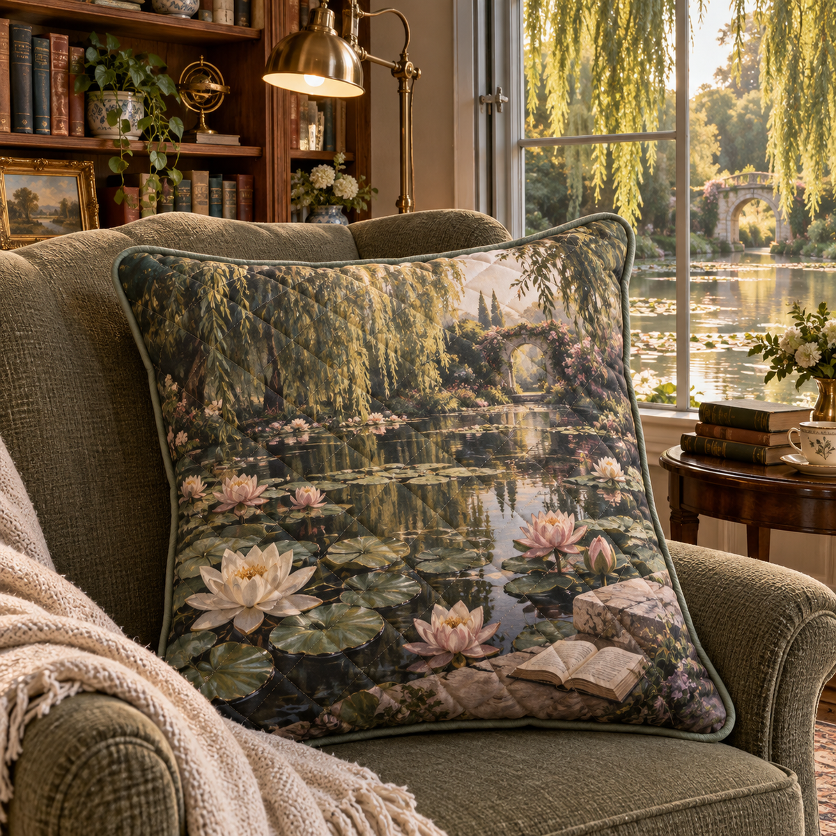 Water Lily Pond Reading Nook Quilted Cushion Cover with flat printed water-lily pond reading nook depth