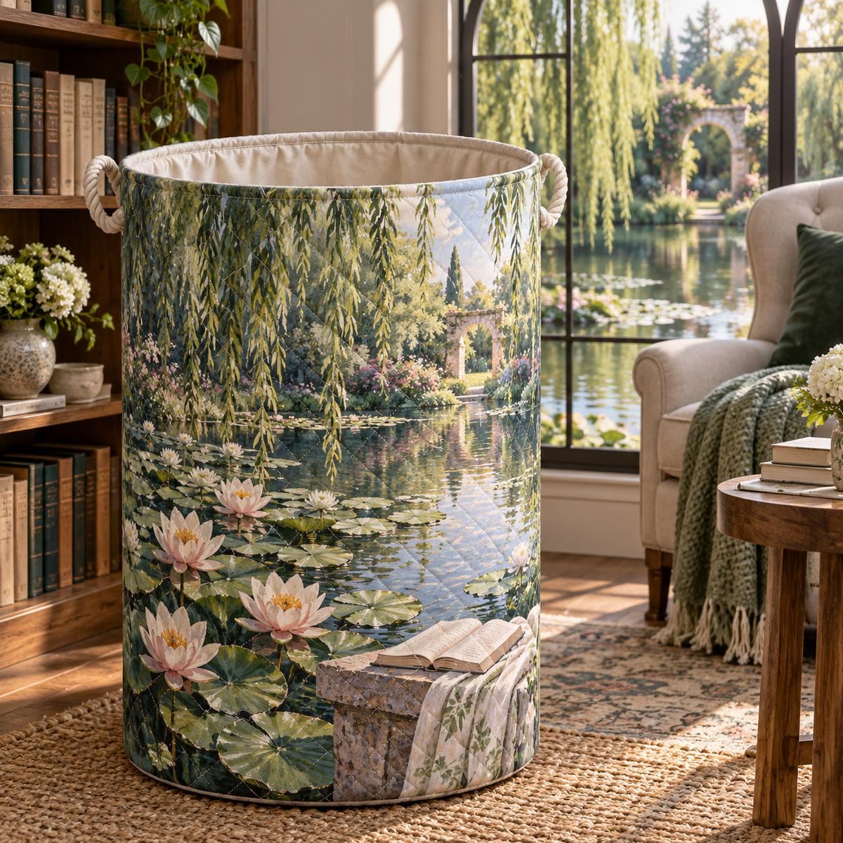 Water Lily Pond Reading Nook Laundry Hamper with flat printed water-lily pond reading nook depth