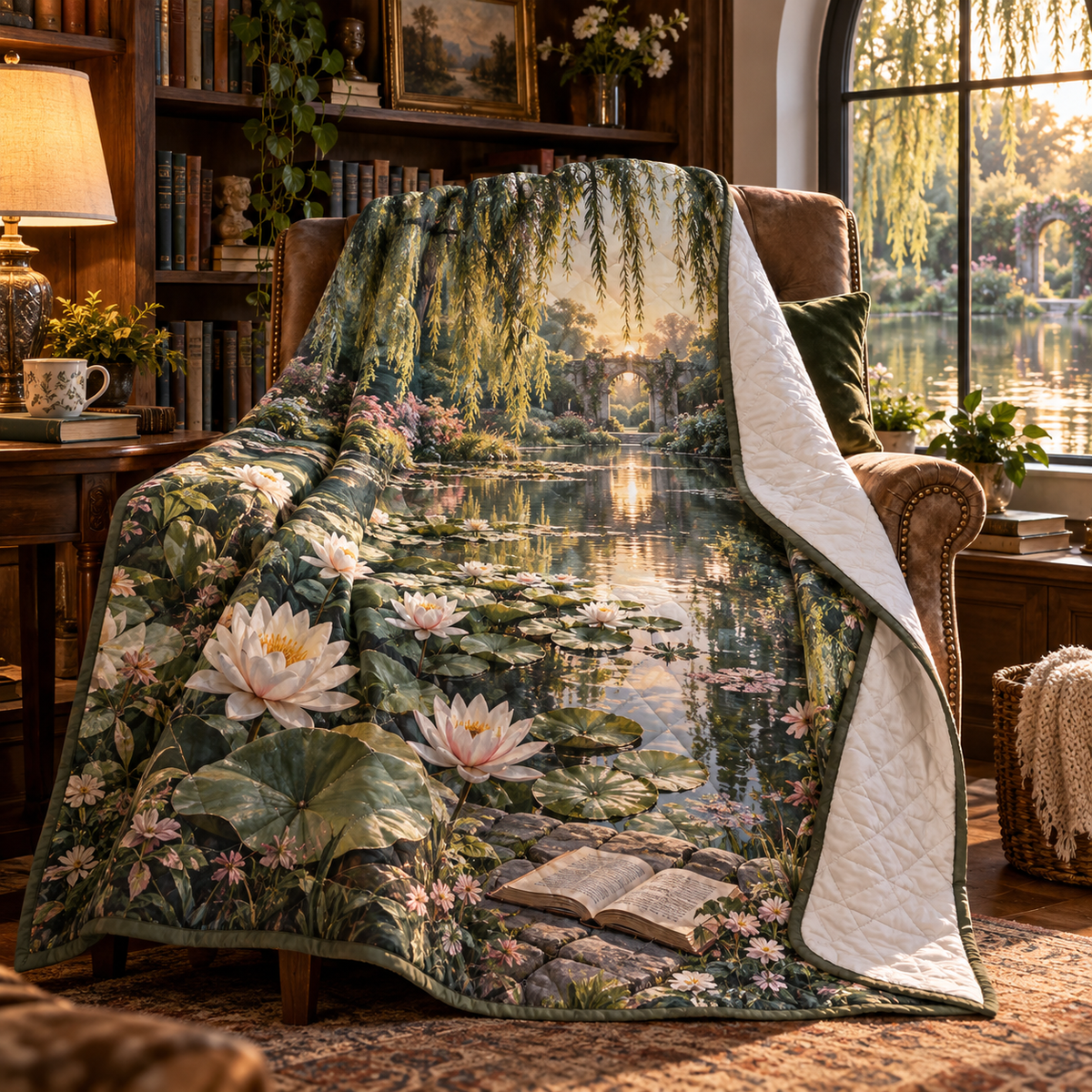 Water Lily Pond Reading Nook Quilt Blanket with flat printed water-lily pond reading nook depth