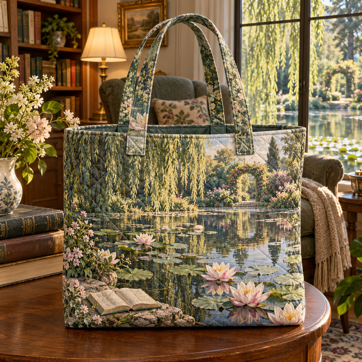Water Lily Pond Reading Nook Quilted Tote Bag with flat printed water-lily pond reading nook depth