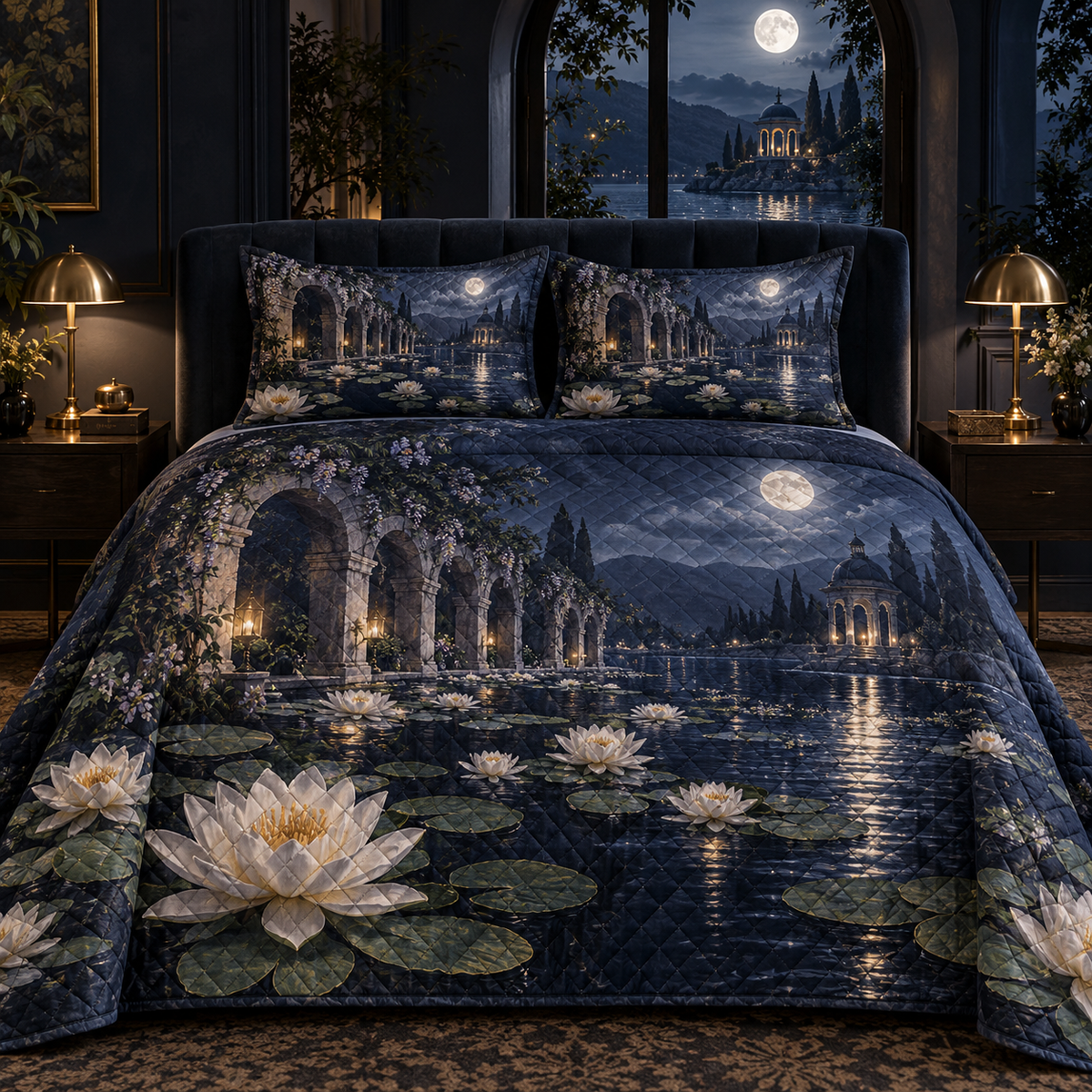 Moonlit Lily Pond Bedroom Quilted Bedding Set with flat printed moonlit lily-pond depth
