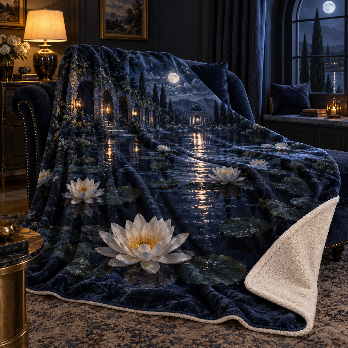 Moonlit Lily Pond Bedroom Sherpa & Fleece Blanket with flat printed moonlit lily-pond depth