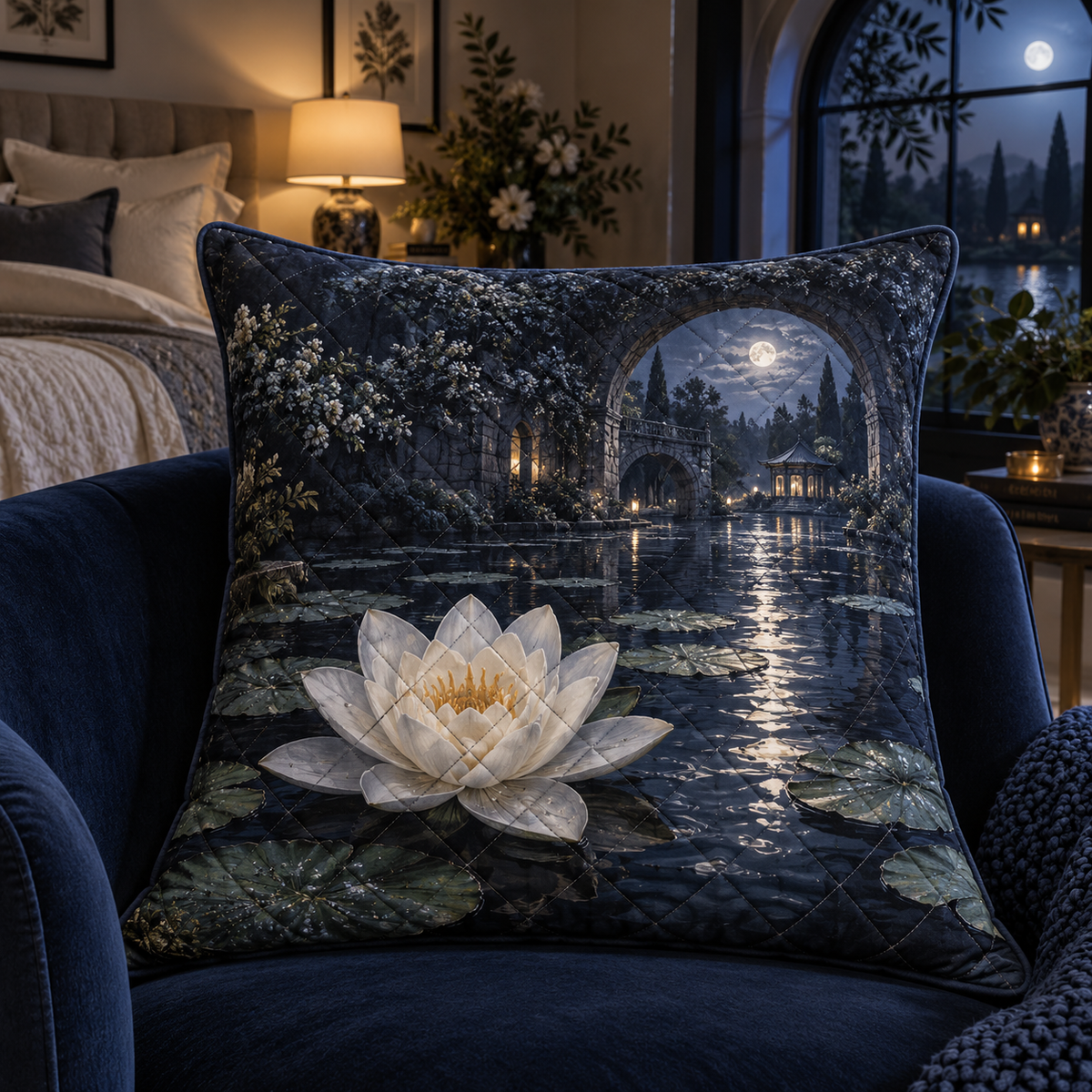Moonlit Lily Pond Bedroom Quilted Cushion Cover with flat printed moonlit lily-pond depth