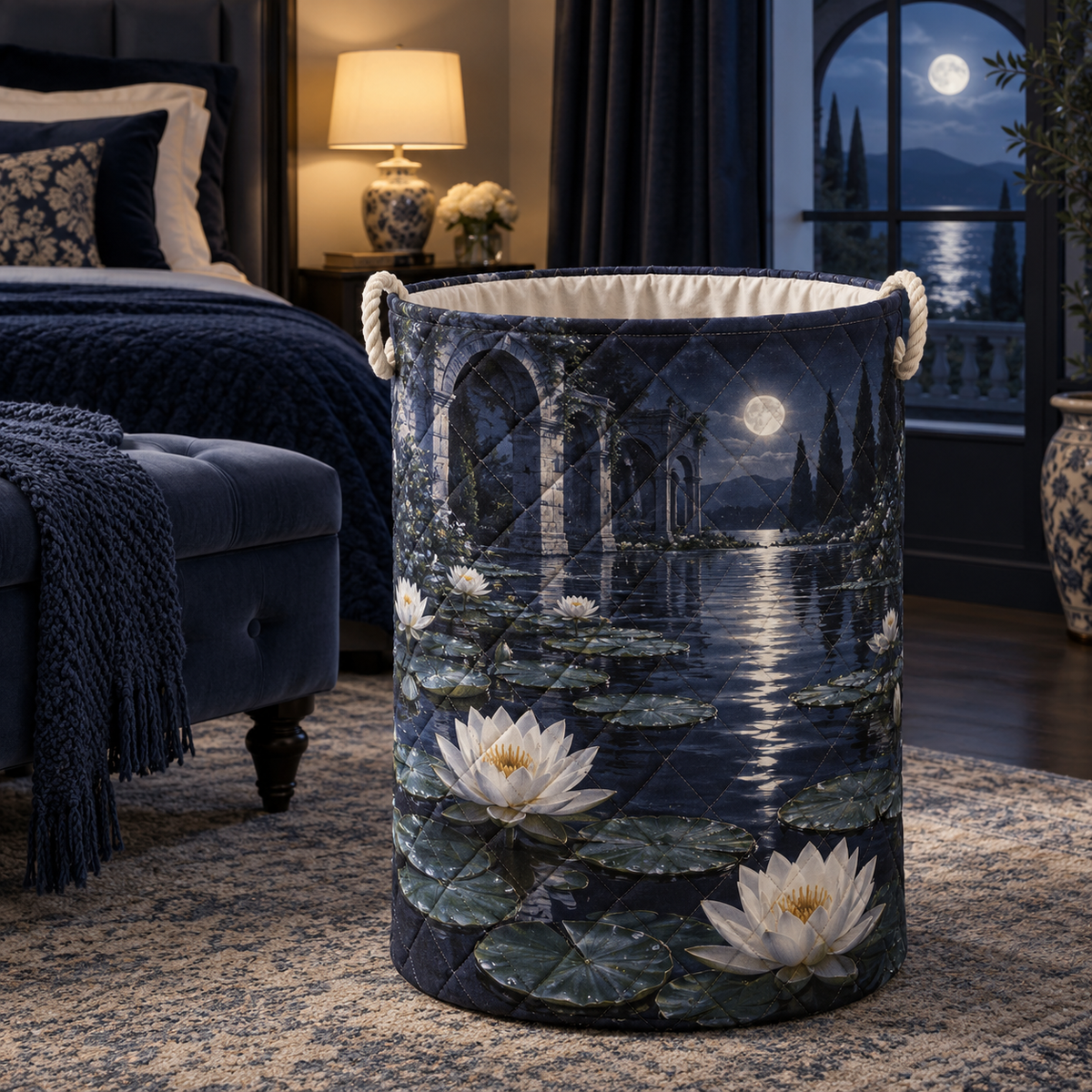 Moonlit Lily Pond Bedroom Laundry Hamper with flat printed moonlit lily-pond depth