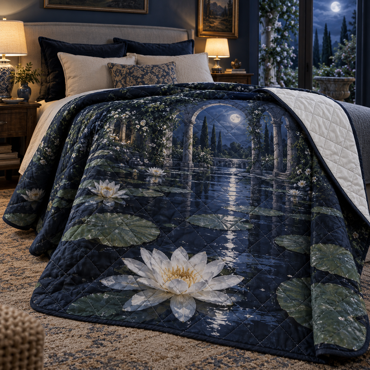 Moonlit Lily Pond Bedroom Quilt Blanket with flat printed moonlit lily-pond depth