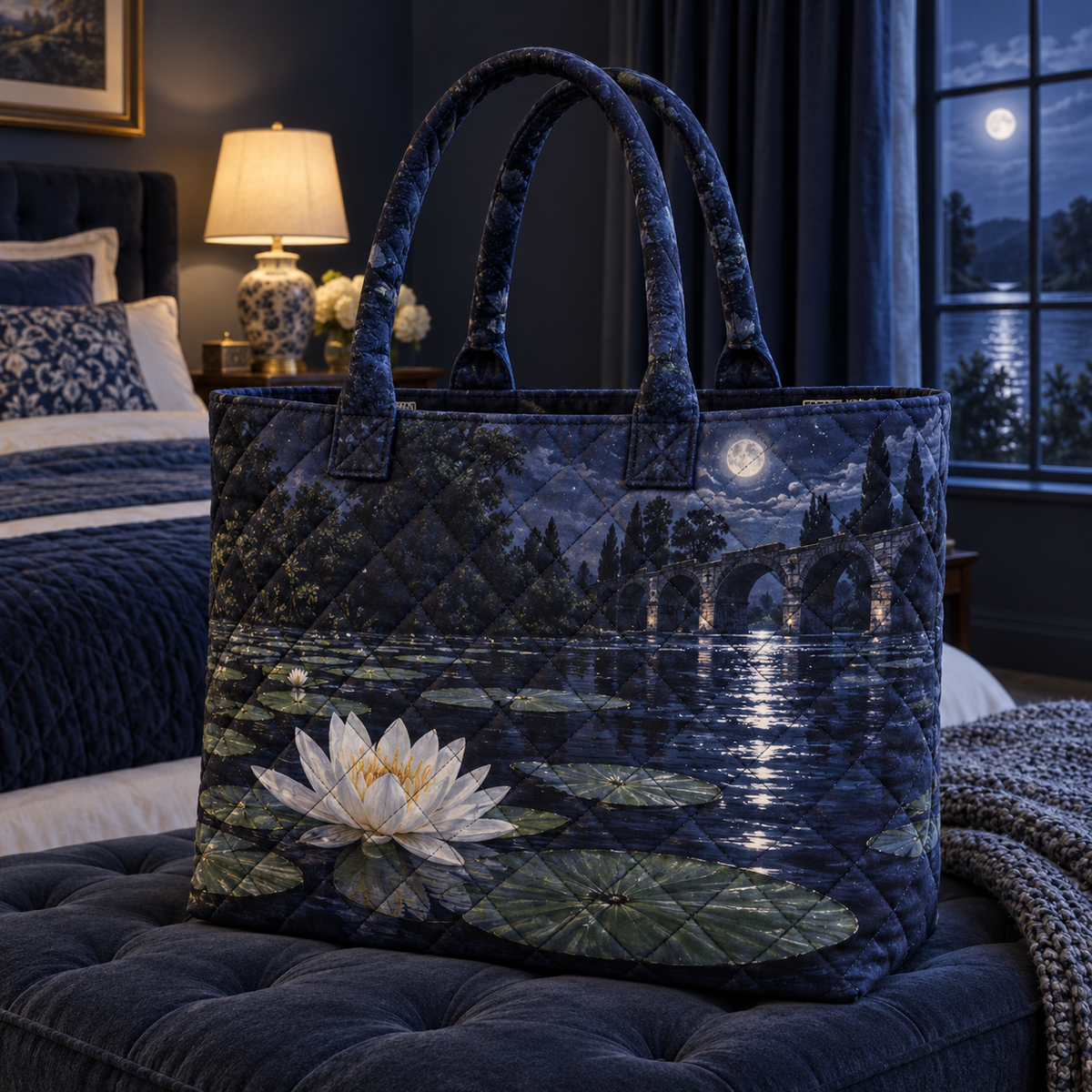 Moonlit Lily Pond Bedroom Quilted Tote Bag with flat printed moonlit lily-pond depth