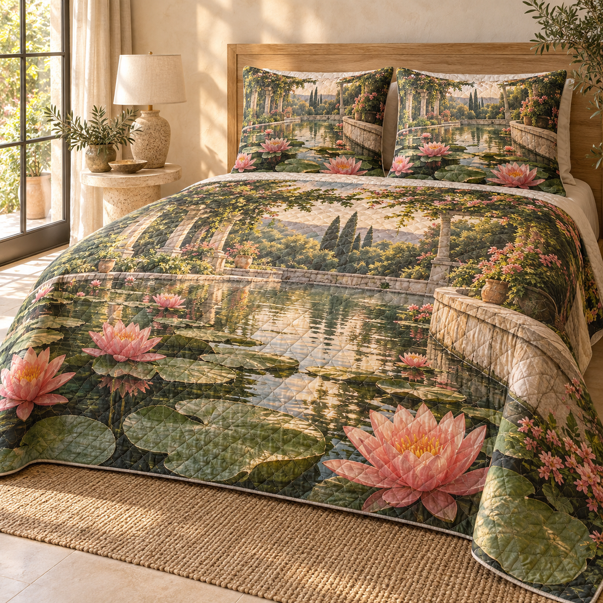 Garden Lily Pond Living Room Quilted Bedding Set with flat printed garden pond depth