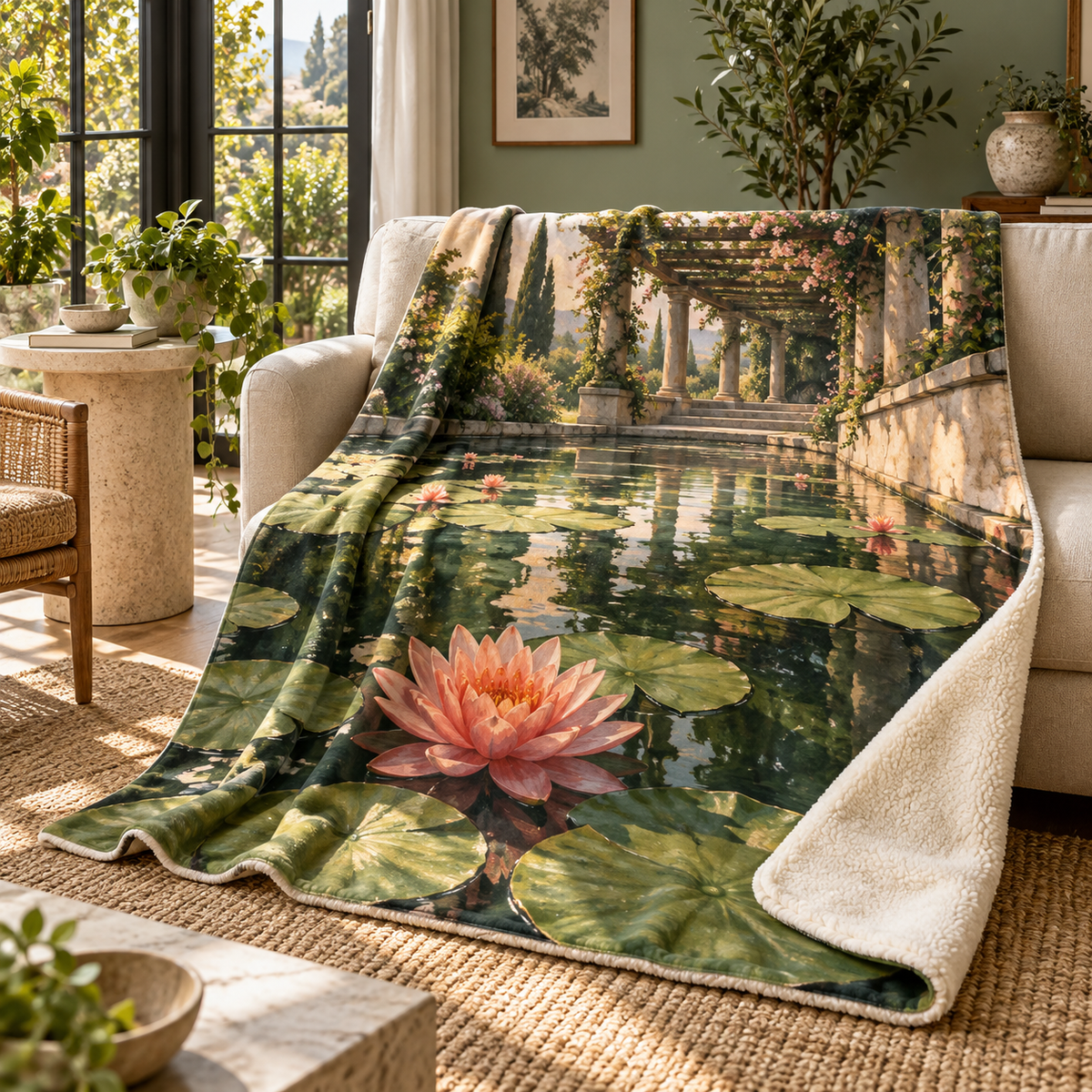 Garden Lily Pond Living Room Sherpa & Fleece Blanket with flat printed garden pond depth