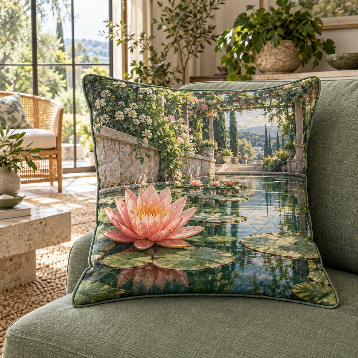 Garden Lily Pond Living Room Quilted Cushion Cover with flat printed garden pond depth