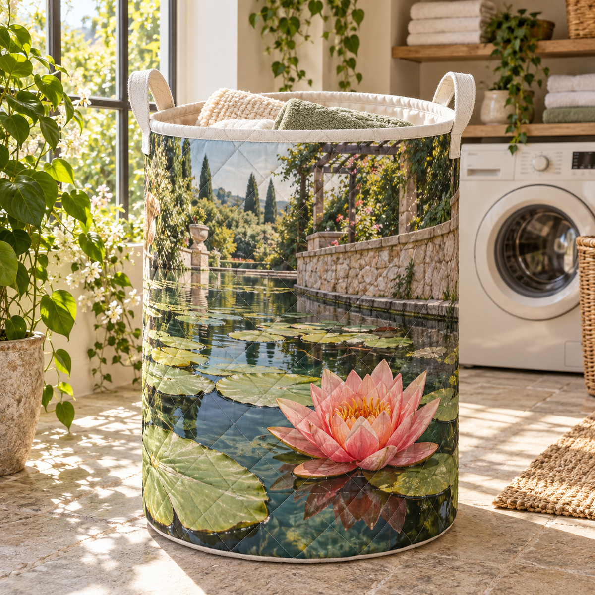 Garden Lily Pond Living Room Laundry Hamper with flat printed garden pond depth