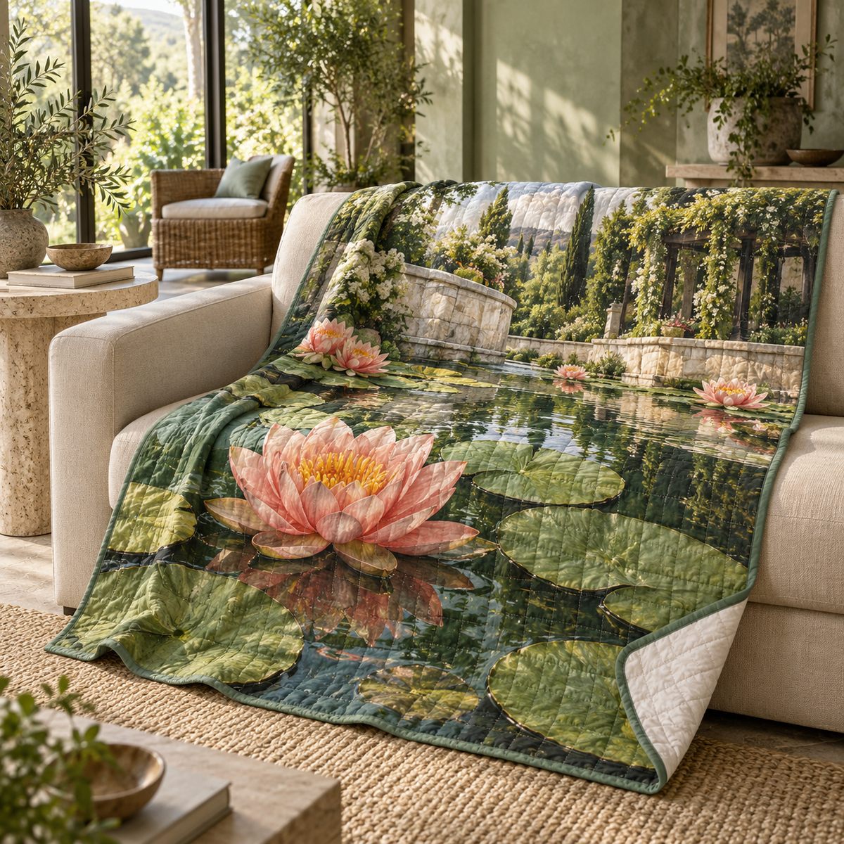 Garden Lily Pond Living Room Quilt Blanket with flat printed garden pond depth