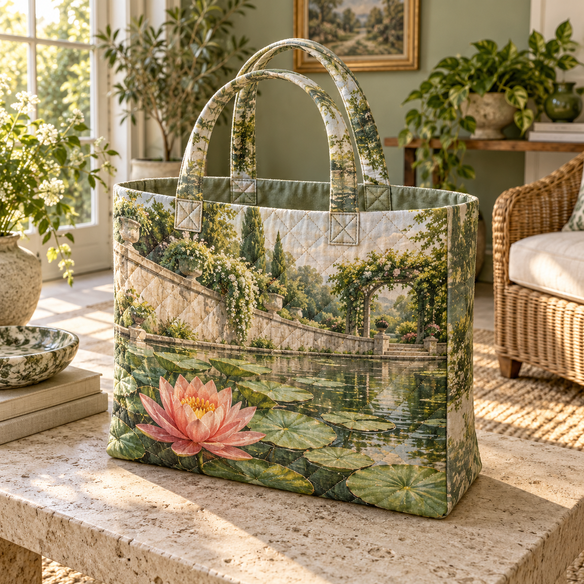 Garden Lily Pond Living Room Quilted Tote Bag with flat printed garden pond depth