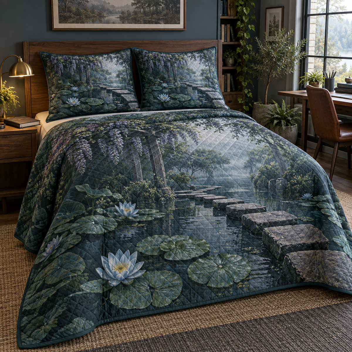 Blue Lily Pond Home Office Quilted Bedding Set with flat printed misty blue lily-pond depth