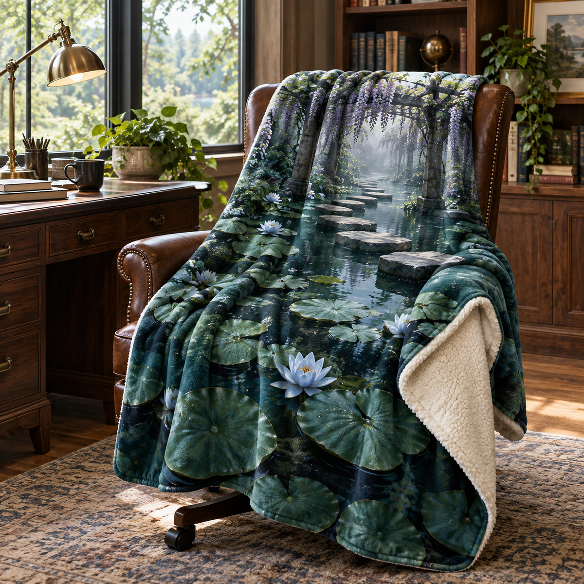 Blue Lily Pond Home Office Sherpa & Fleece Blanket with flat printed misty blue lily-pond depth
