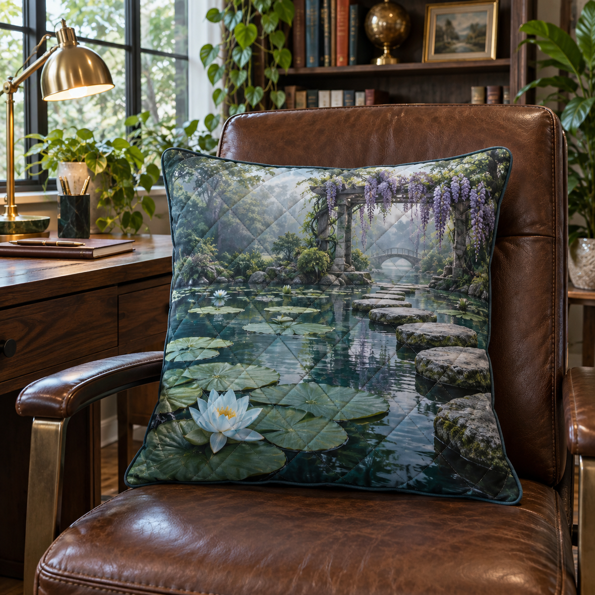 Blue Lily Pond Home Office Quilted Cushion Cover with flat printed misty blue lily-pond depth