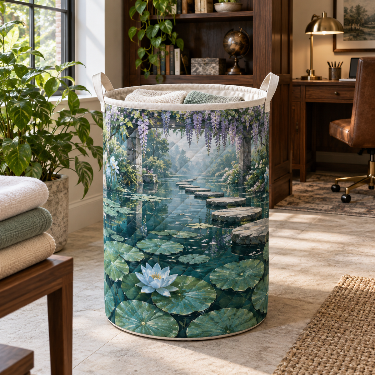 Blue Lily Pond Home Office Laundry Hamper with flat printed misty blue lily-pond depth