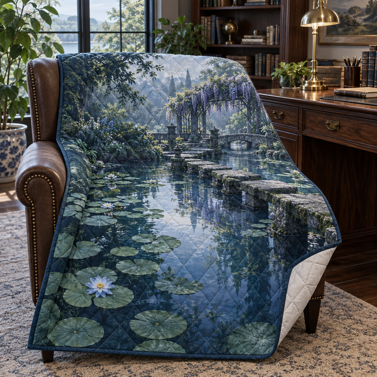 Blue Lily Pond Home Office Quilt Blanket with flat printed misty blue lily-pond depth