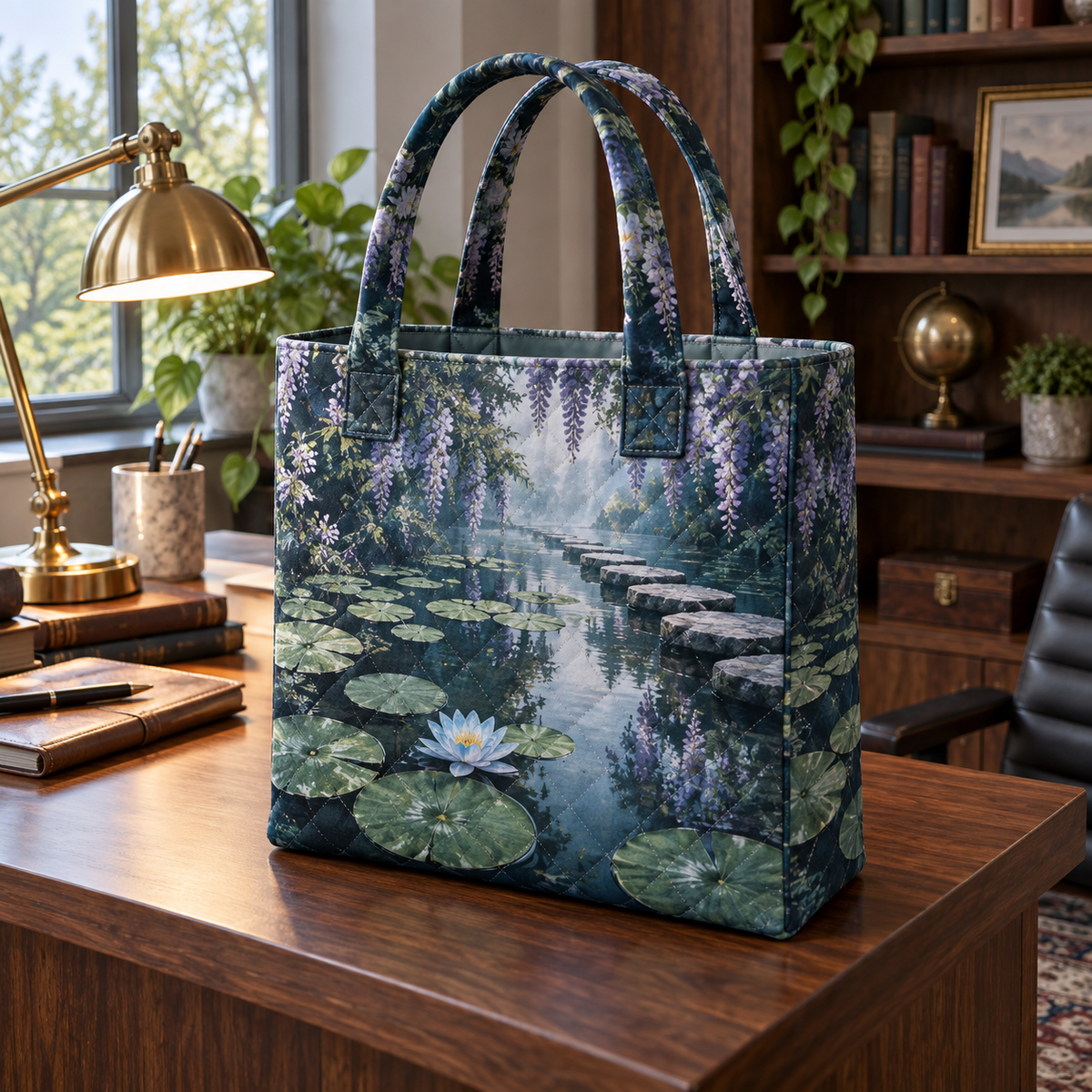 Blue Lily Pond Home Office Quilted Tote Bag with flat printed misty blue lily-pond depth