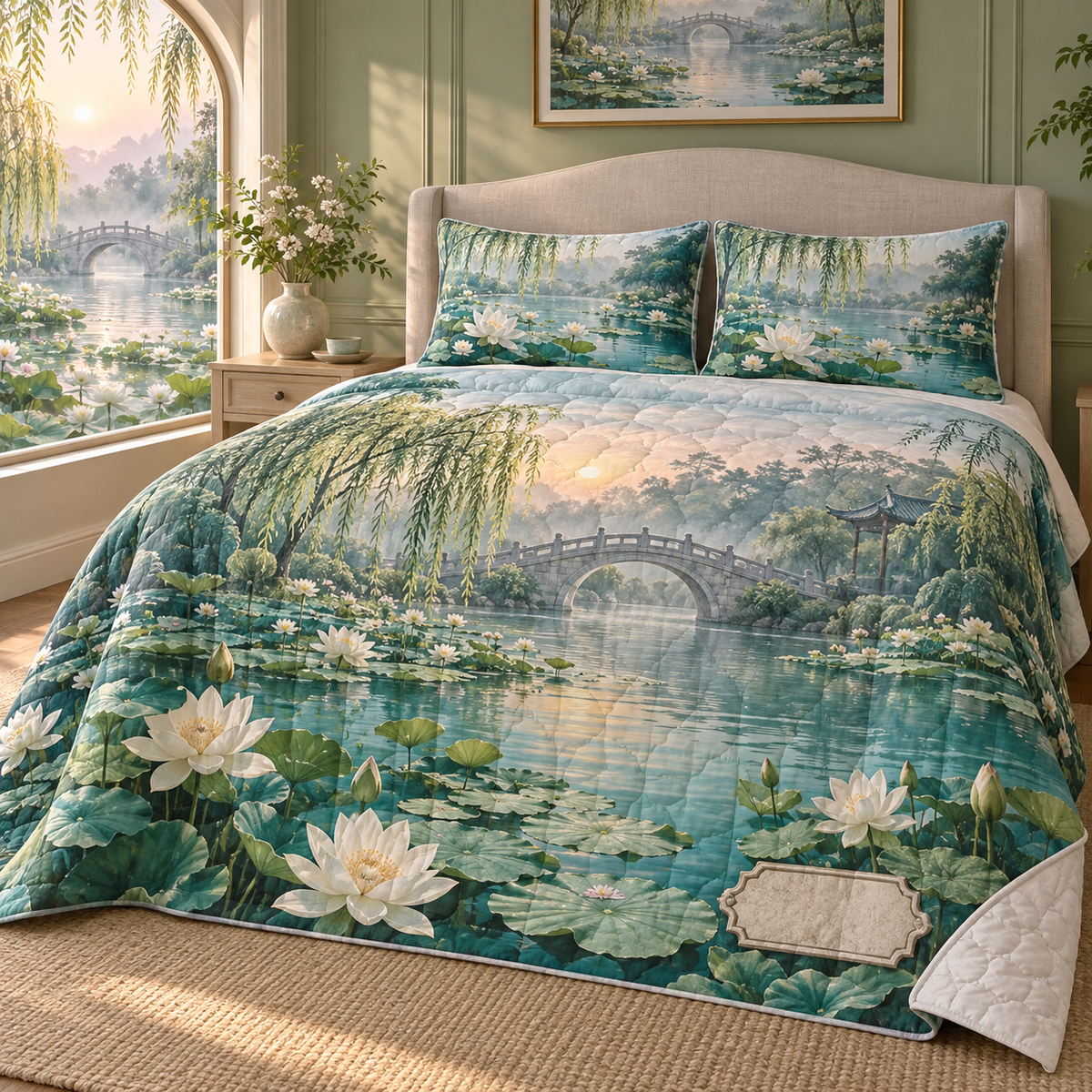 Lily Pond Housewarming Quilted Bedding Set with flat printed lily pond and small blank sample name plaque
