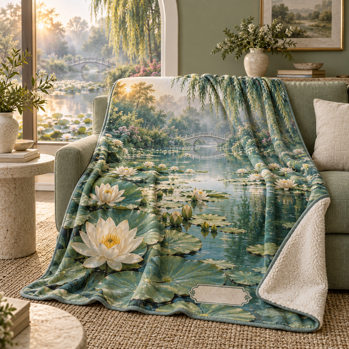 Lily Pond Housewarming Sherpa & Fleece Blanket with flat printed lily pond and small blank sample name plaque