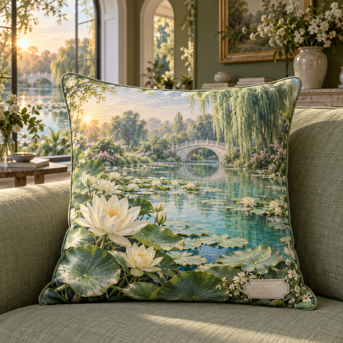 Lily Pond Housewarming Quilted Cushion Cover with flat printed lily pond and small blank sample name plaque