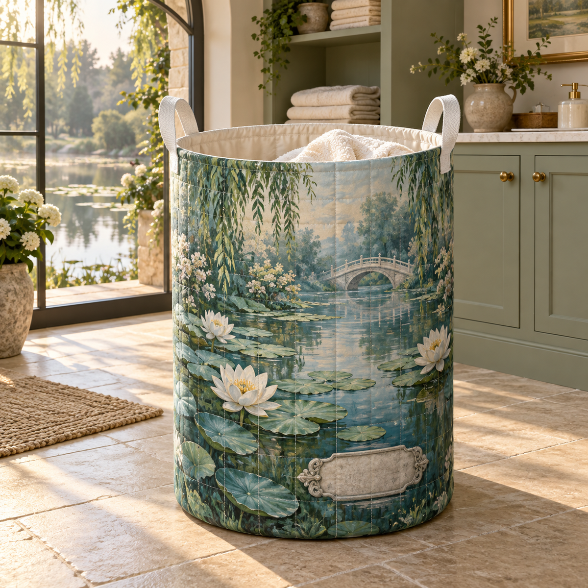 Lily Pond Housewarming Laundry Hamper with flat printed lily pond and small blank sample name plaque