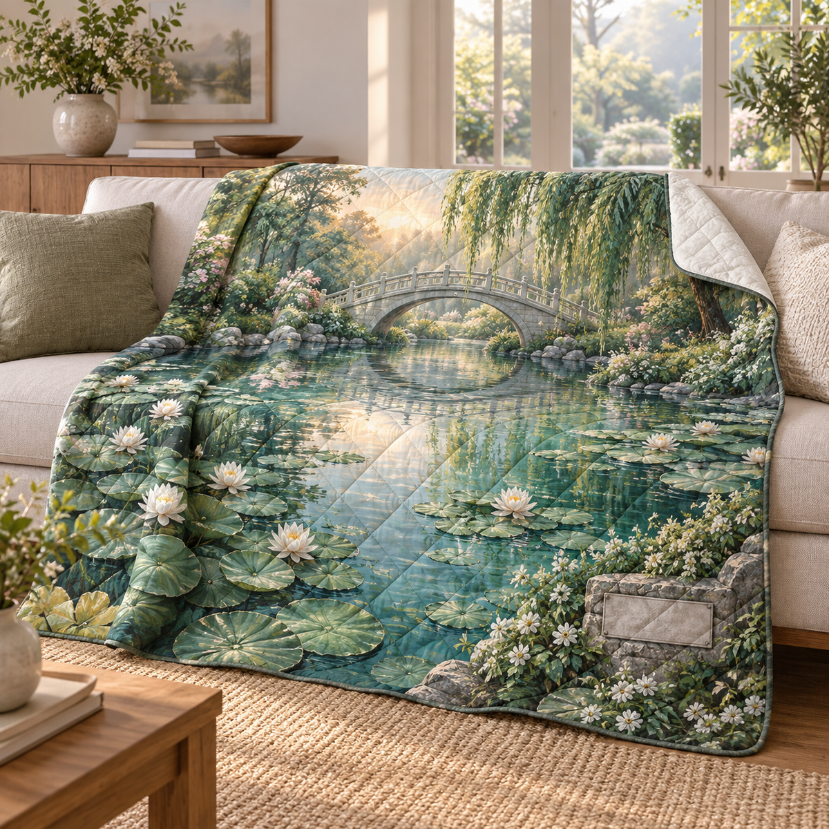 Lily Pond Housewarming Quilt Blanket with flat printed lily pond and small blank sample name plaque