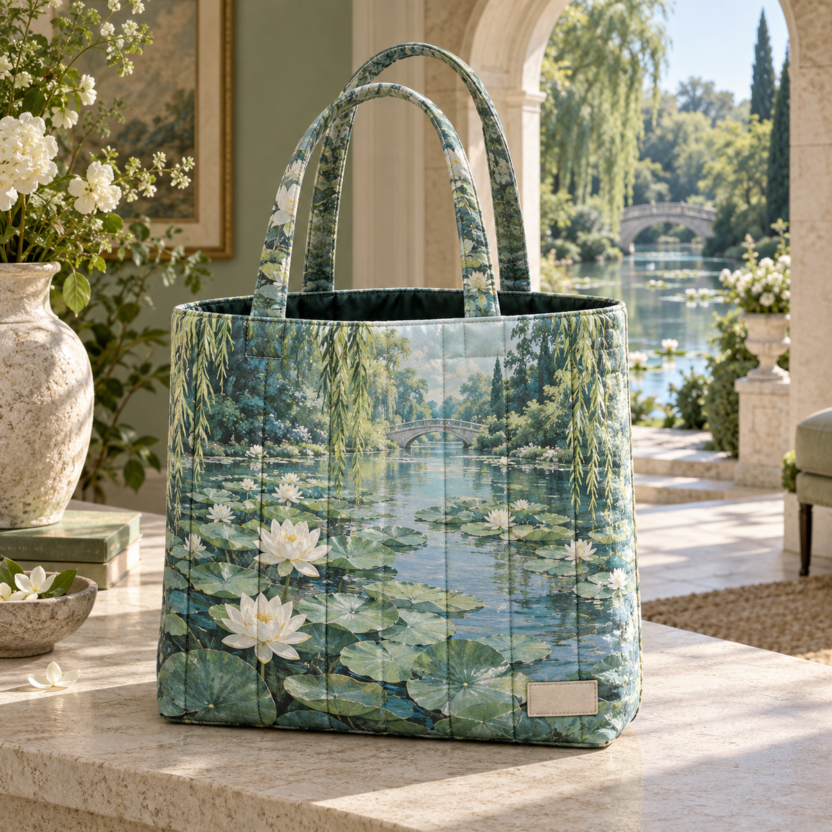 Lily Pond Housewarming Quilted Tote Bag with flat printed lily pond and small blank sample name plaque