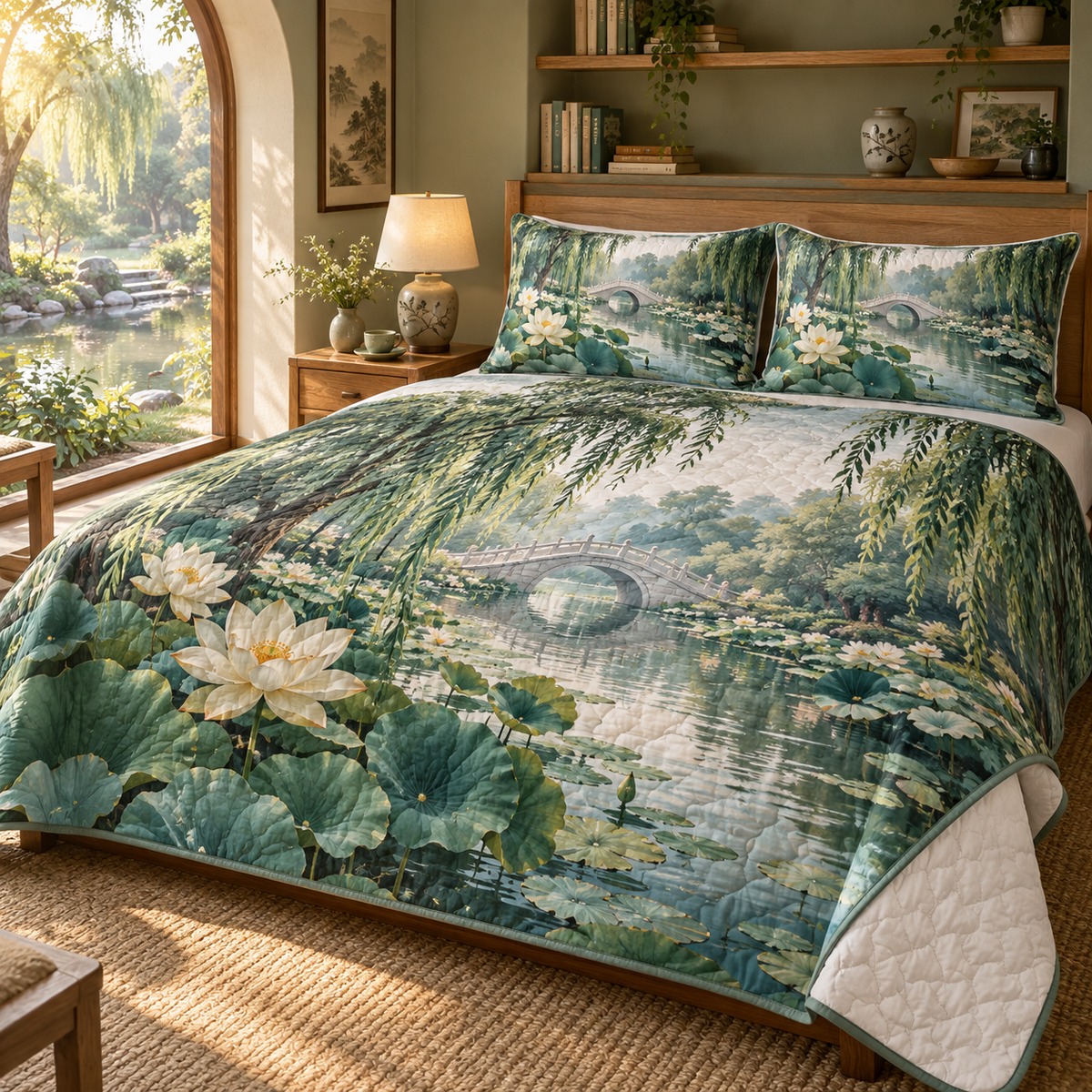 Quiet Lily Pond Reading Corner Quilted Bedding Set with flat printed water-lily pond and receding willow bridge