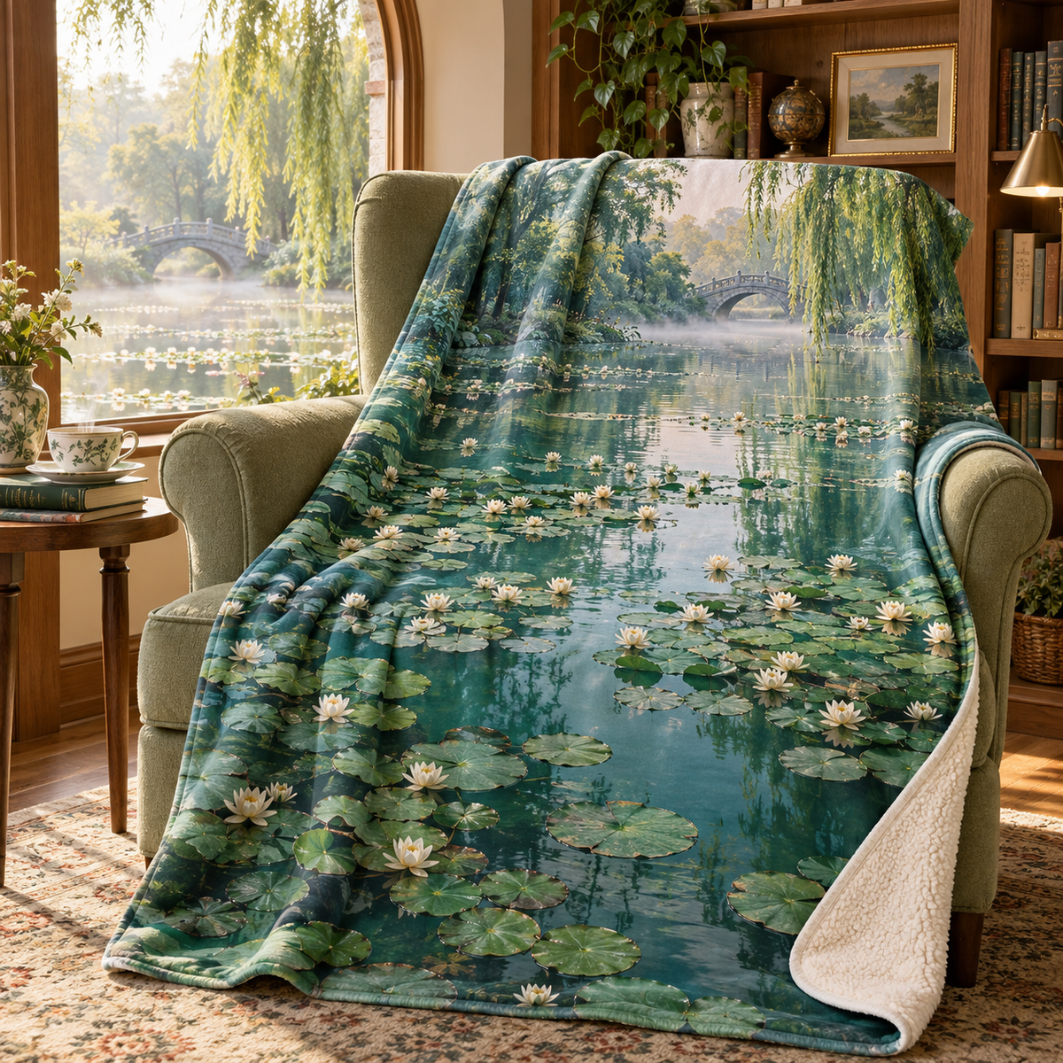 Quiet Lily Pond Reading Corner Sherpa & Fleece Blanket with flat printed water-lily pond and receding willow bridge