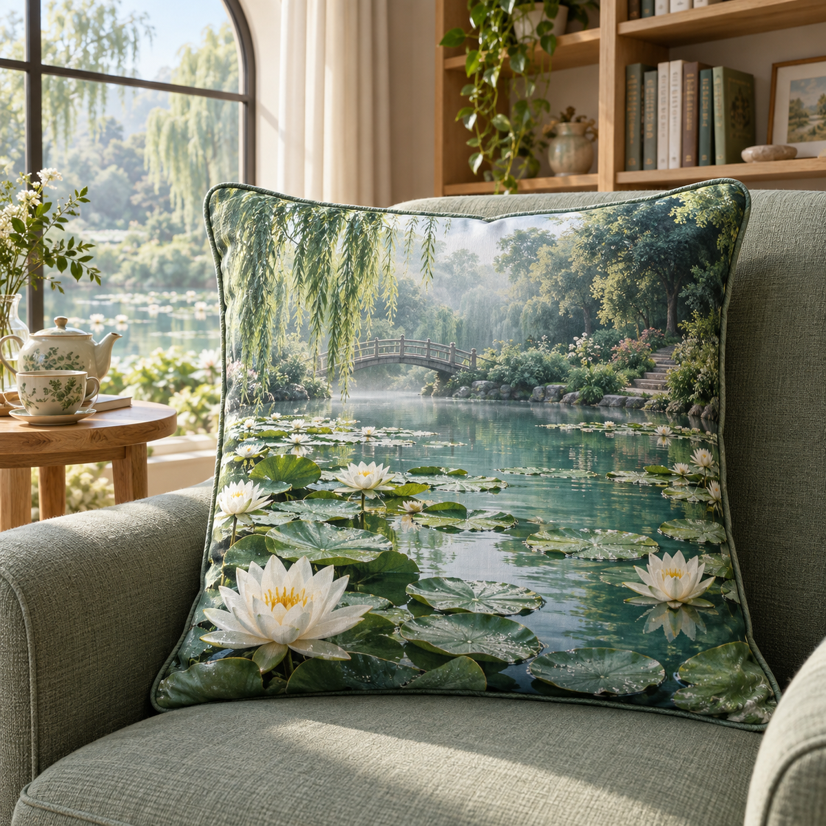 Quiet Lily Pond Reading Corner Quilted Cushion Cover with flat printed water-lily pond and receding willow bridge