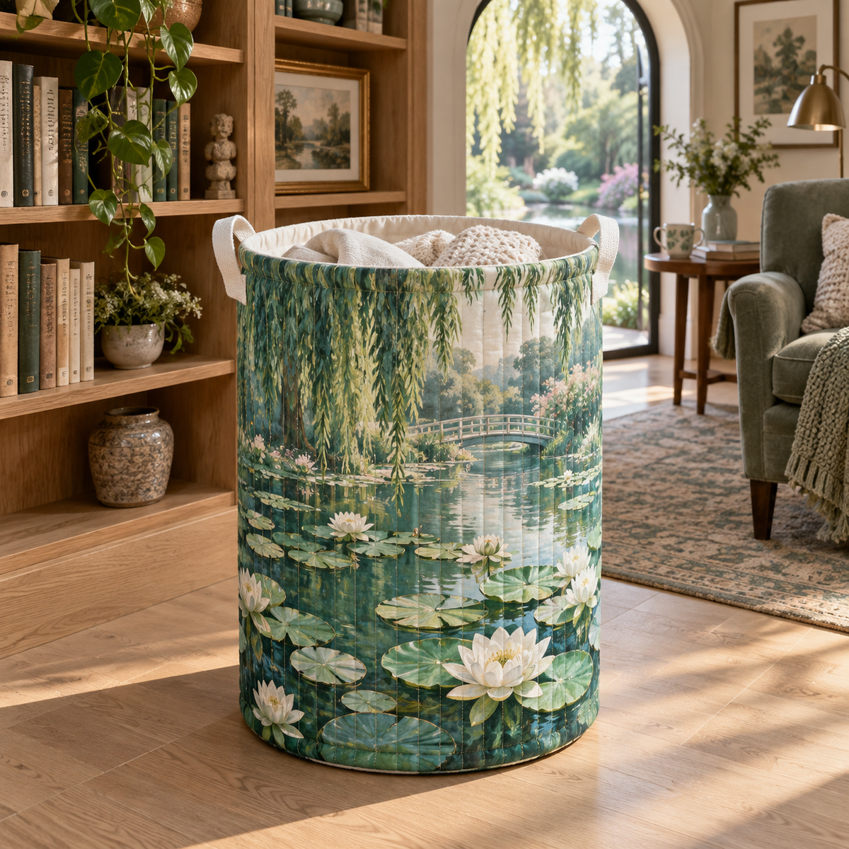 Quiet Lily Pond Reading Corner Laundry Hamper with flat printed water-lily pond and receding willow bridge