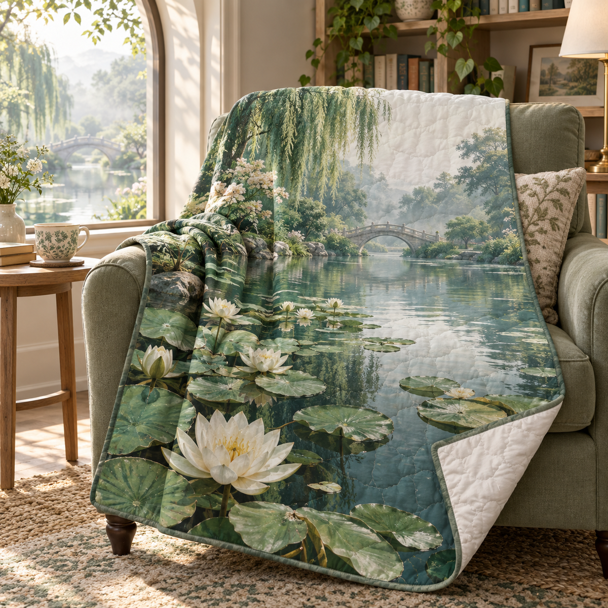 Quiet Lily Pond Reading Corner Quilt Blanket with flat printed water-lily pond and receding willow bridge