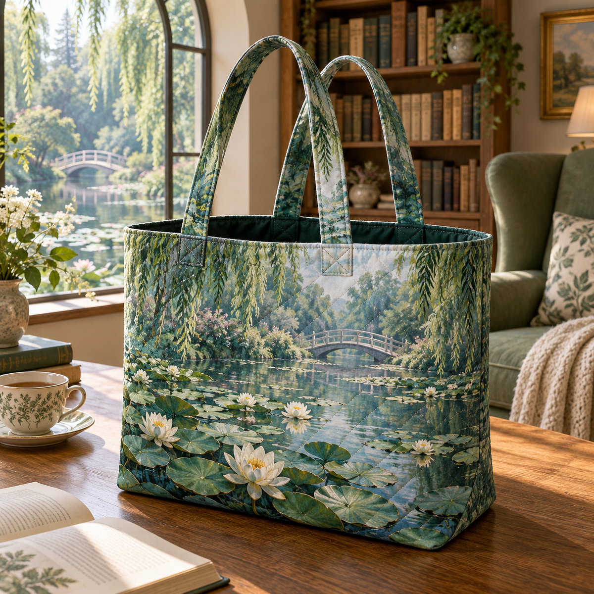 Quiet Lily Pond Reading Corner Quilted Tote Bag with flat printed water-lily pond and receding willow bridge