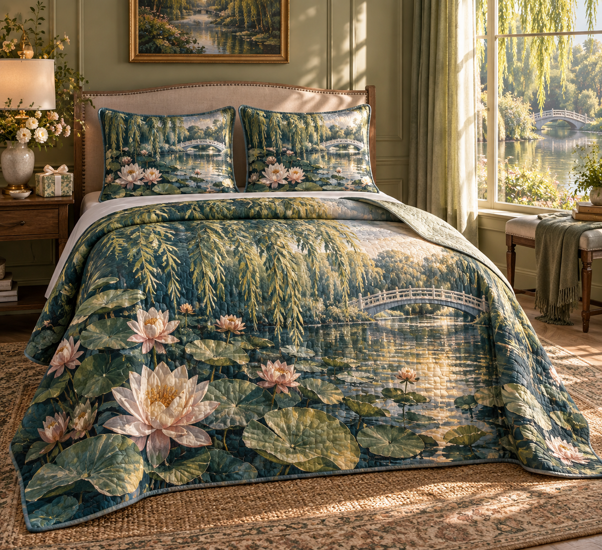 Lily Pond Collector Birthday Quilted Bedding Set with flat printed cream and blush water lilies over a deep pond