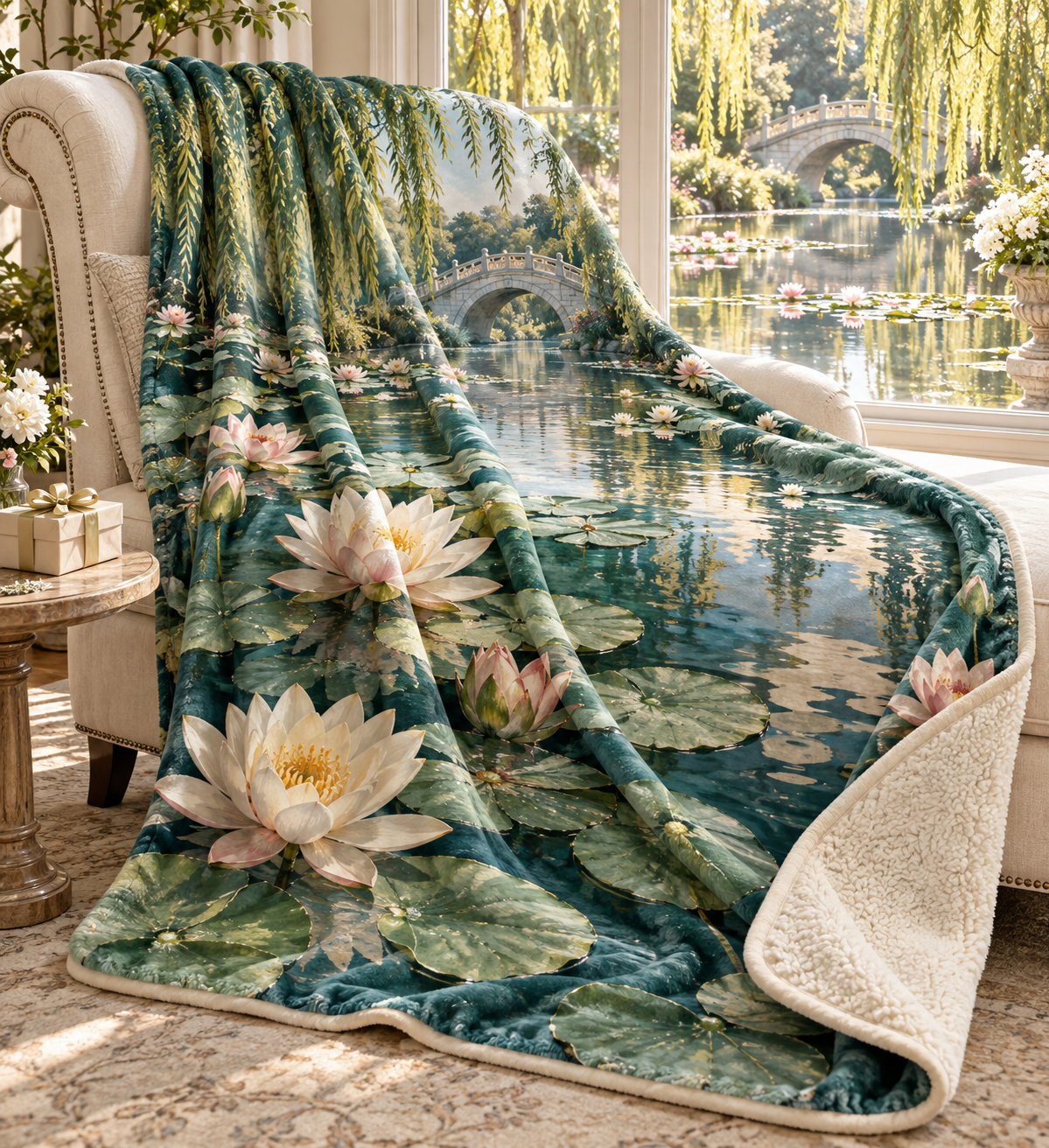 Lily Pond Collector Birthday Sherpa & Fleece Blanket with flat printed cream and blush water lilies over a deep pond