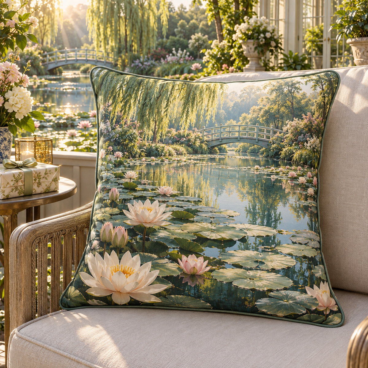 Lily Pond Collector Birthday Quilted Cushion Cover with flat printed cream and blush water lilies over a deep pond